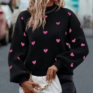 Black Casual Womens Heart Pattern Mock Neck Drop Shoulder Sweater